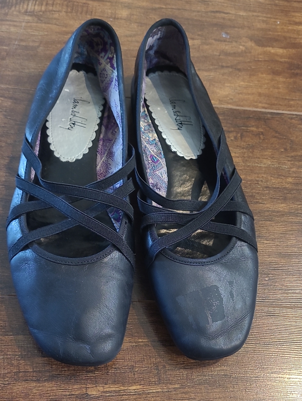 Sam And Libby Size 9.5  Black Leather Flats Strappy Elastic Square Toe